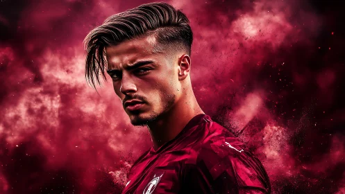 Male footballer portrait in stylized red particle cloud.