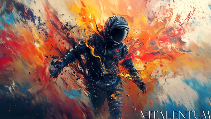 Astronaut figure dissolving into explosive abstract color field.