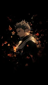 Storm-lit warrior exhales embers as petals orbit his grief