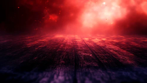 Burning red horizon over textured dark wooden floor.