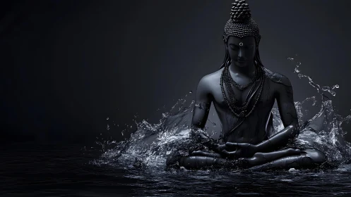 Serene Buddha Statue in Dark Water with Splash Effect, Digital Art.