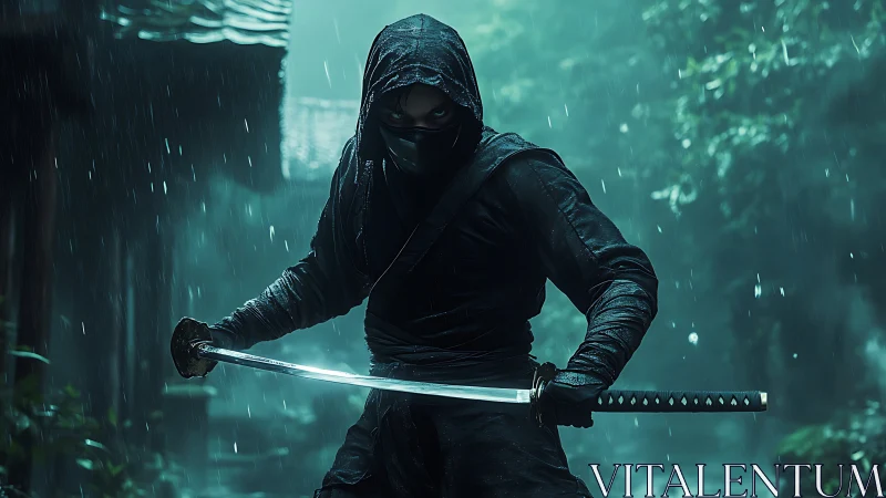 Hooded ninja grips katana in rain-soaked forest alleyway.