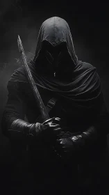 Hooded swordsman in tactical leathers under low key directional lighting