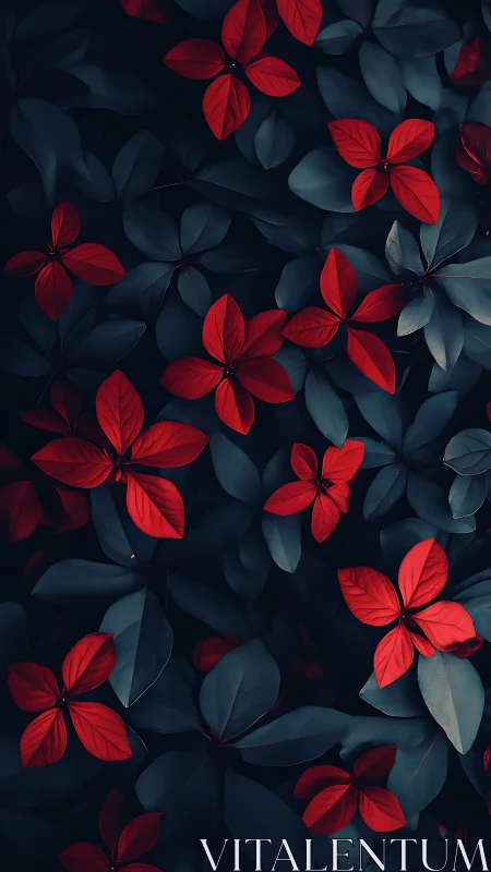 Crimson blossoms glow gently against deep midnight leaves