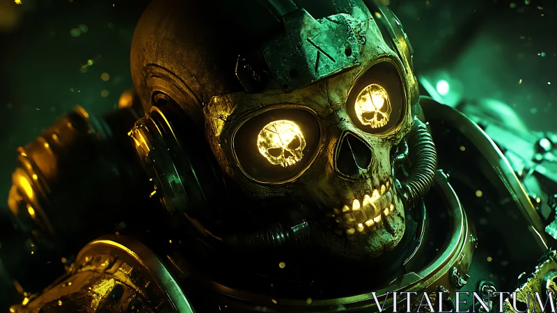 Cybernetic skull warrior with glowing neon eyes armor.