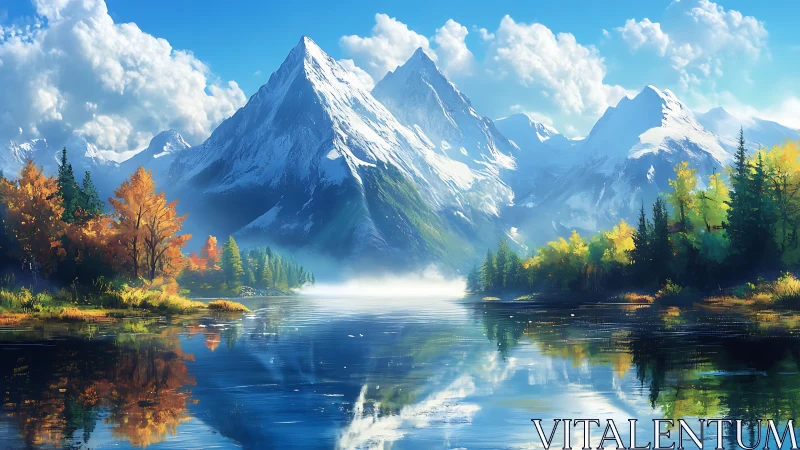 Snowcapped peaks mirrored in tranquil autumn lake panorama.