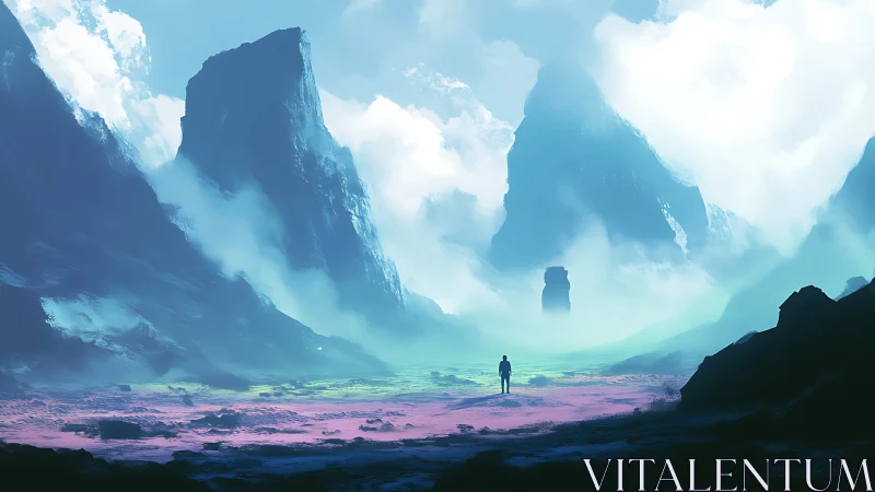 Wanderer adrift in neon mists between impossible peaks.