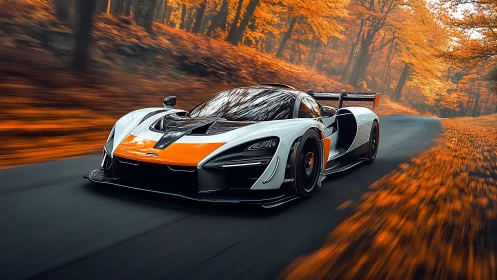 Aerodynamic hypercar slicing through autumn forest curvature.