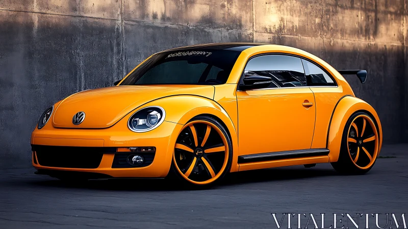 Modified yellow Volkswagen Beetle is parked beside a wall