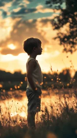 Silhouetted child stands in tall grass by lake at sunset