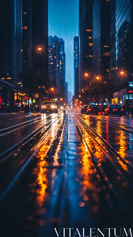 Rain-soaked city rails glowing with night traffic lights.
