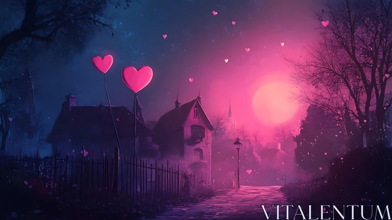 Heart-Shaped Balloons Float Over Enchanted Village at Dusk.
