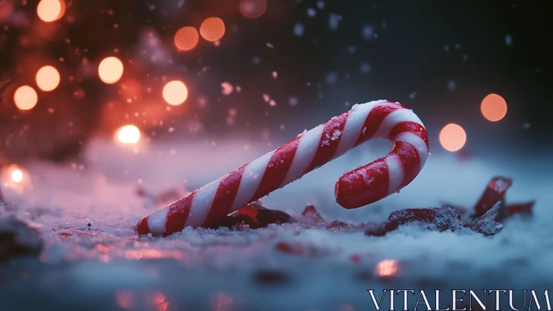 Macro close-up of candy cane on snow with defocused bokeh lights.