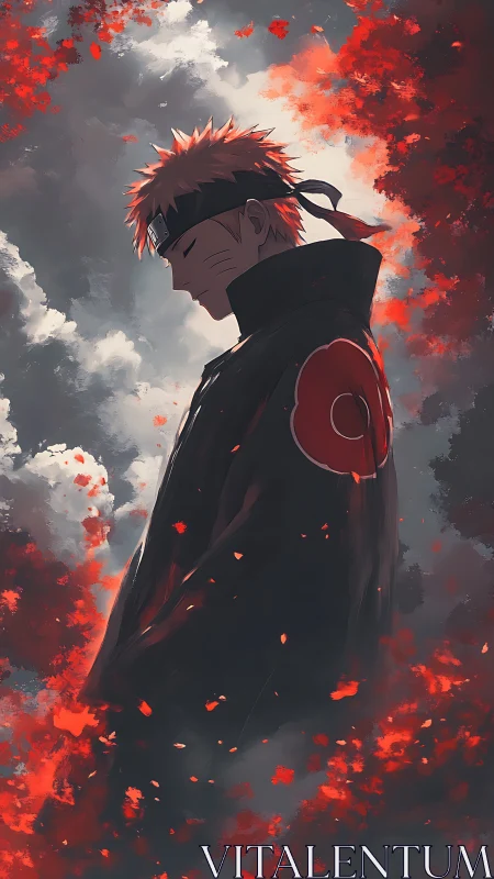 Solitary hooded figure in red cloud cloak amid drifting embers.