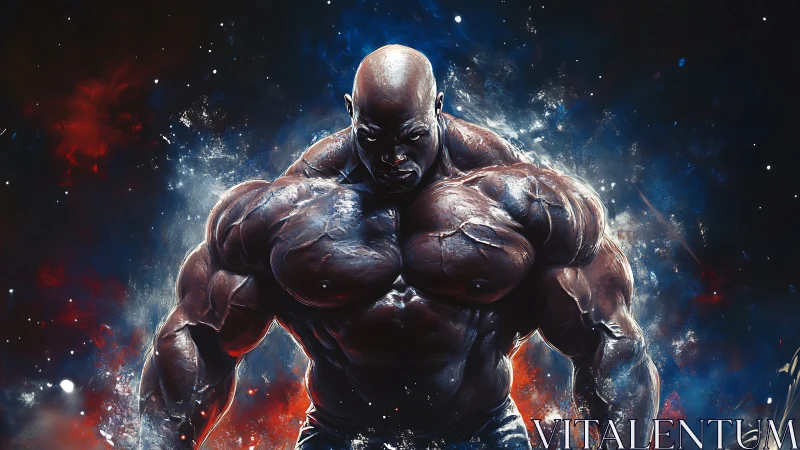 Hyper-muscular male figure in cosmic abstract environment.
