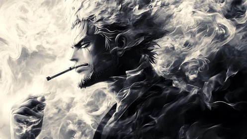 Smoldering anime antihero exhales swirling spectral smoke.