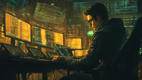Neon code sorcerer in a glowing multi-screen command den.