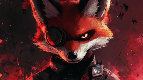 Cybernetic fox soldier stares forward in blazing red void