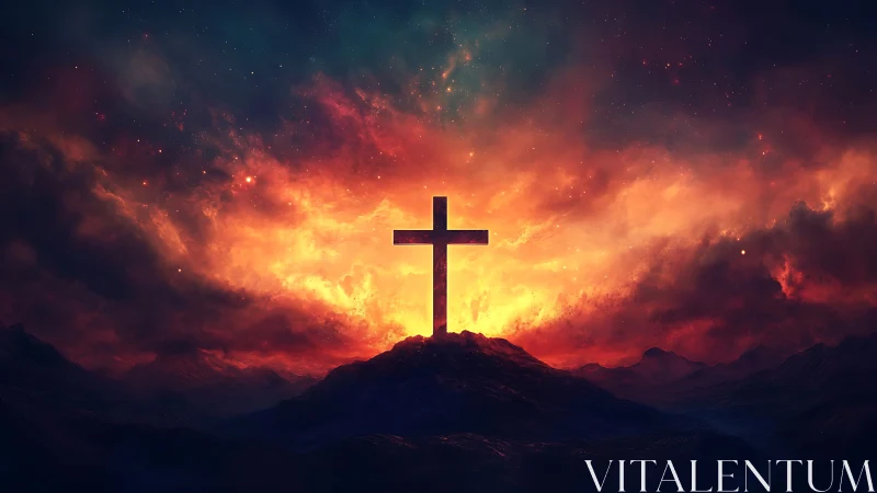 Luminous cross silhouette on rocky ridge under burning nebular sky