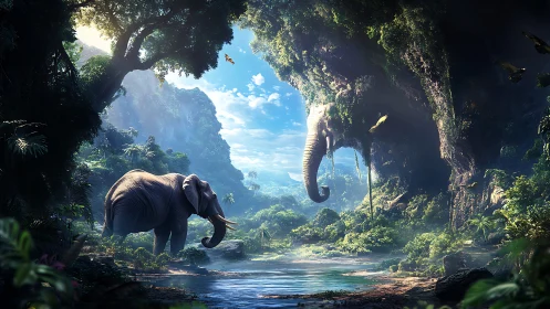 Elephants stand in lush river canyon under bright sky