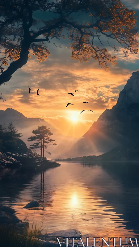 Golden lake sunrise with drifting birds and quiet pines.