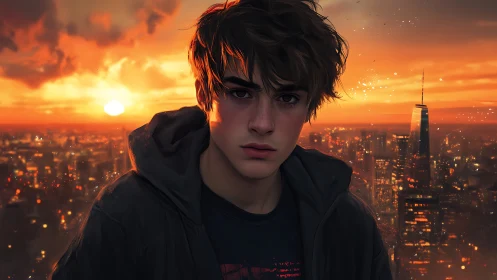 Brooding teen under burning city sunset skyline portrait.