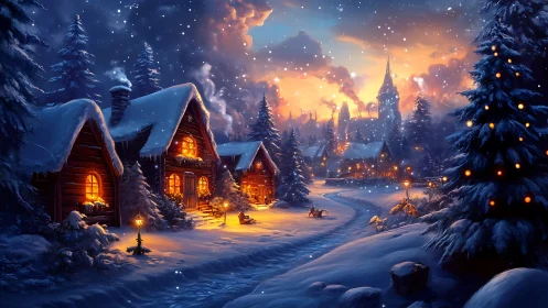 Snowy village street glows with warm winter cabin lights