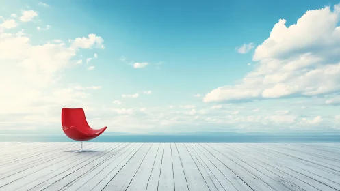 Quiet red chair by the sea beneath a vast soft sky.