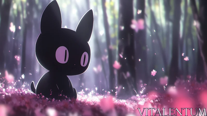 Silhouette cat character under sakura light in misty forest.