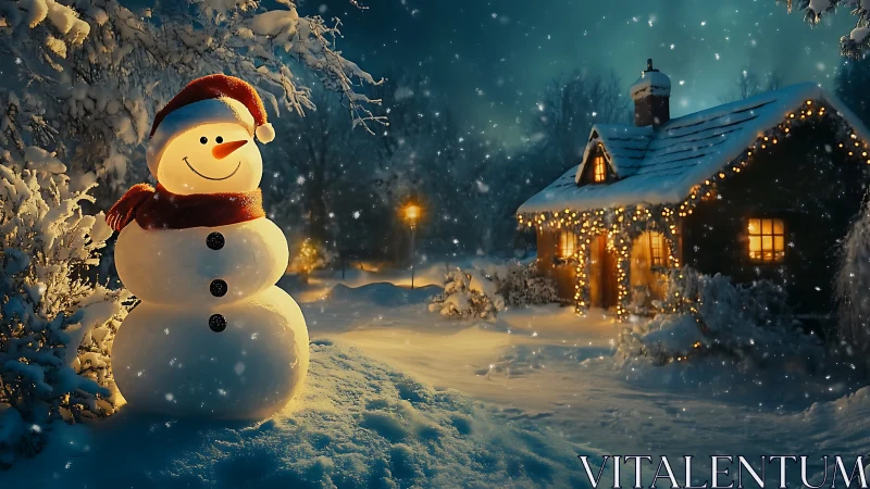 Glowing snowman and illuminated cottage anchor serene winter night