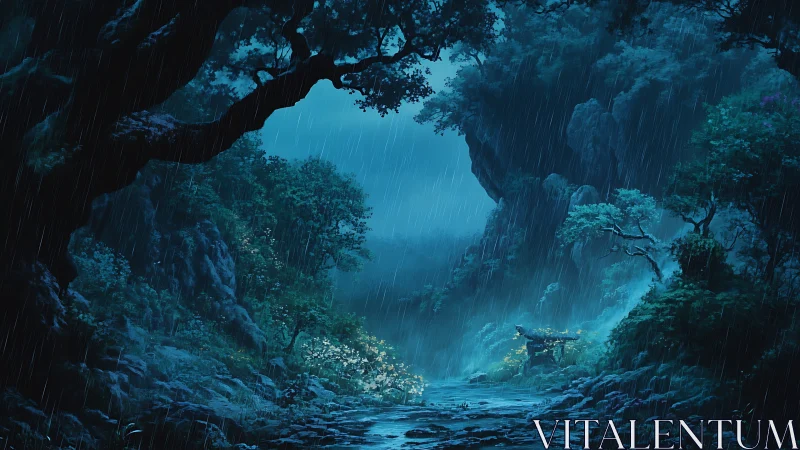 Dense forest valley under heavy rain with blue moonlight