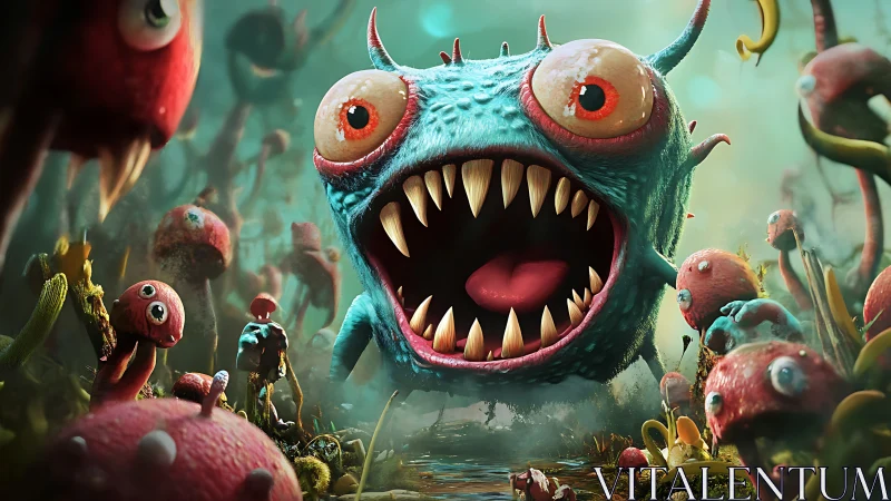 Large teal cartoon monster dominates fungal alien landscape