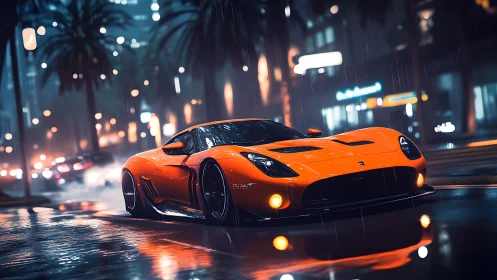 Orange supercar slices through rainy neon city streets