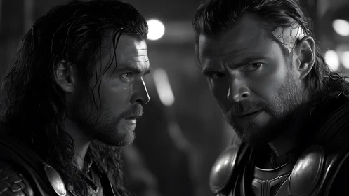 Storm-forged warriors in quiet grayscale conversation.