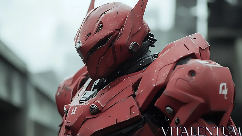 Armored red mech stands vigilant in a misty urban battleground.