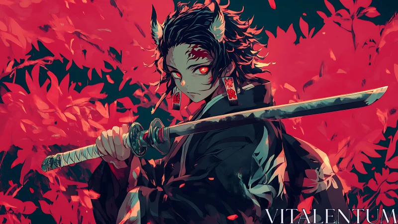 Sword-bearing anime figure amid dense red foliage background.