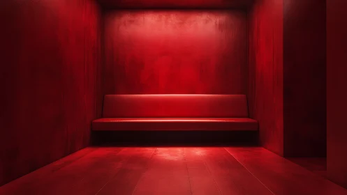 Monochromatic red room contains single wall-mounted bench