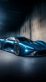 Blue futuristic supercar parked in a dark tunnel space.