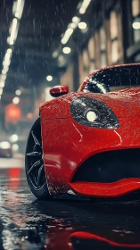 Hydrodynamic reflections on red supercar front fascia in rain.
