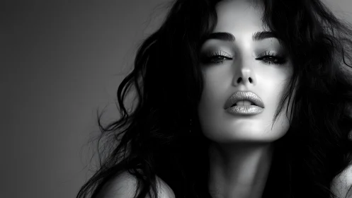 Monochrome close up of woman with wavy hair and glossed lips.