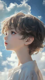 Soft light frames a dreamy child gazing into blue skies