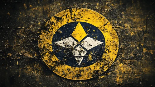 Geometric emblem emerges through weathered yellow grunge.
