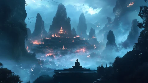 Monastic silhouette observing luminescent mountain citadel at dusk.