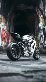Sport motorcycle stands on urban street before dark tunnel