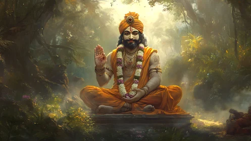 Golden robed sage offers calm blessing in a misty forest