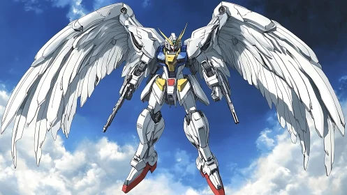 Winged mecha exoskeleton performing aerial combat deployment.
