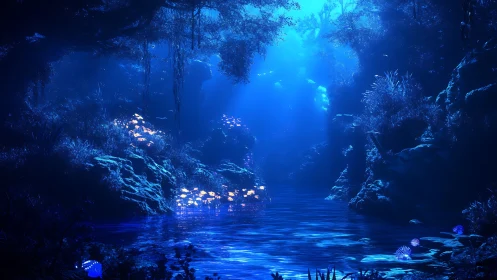 Bioluminescent forest river under deep sapphire light.