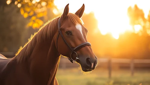 Sunlit chestnut dreamhorse posed in liquid gold evening glow.