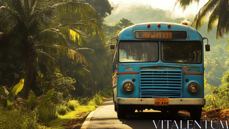 Blue regional bus on narrow tropical roadside route.