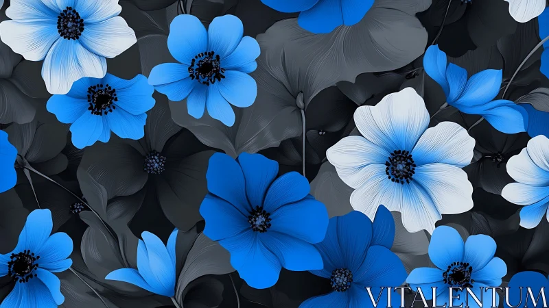 Chromatic floral composition with geometric petal stratification and achromatic foliage layers.